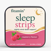 A square tin of fitamin Sleep Strips dietary supplement in raspberry flavour, shown on a clean white background.