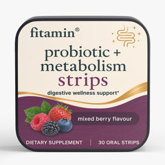 A square supplement tin for fitamin Probiotic + Metabolism Strips, mixed berry flavour, on a clean white background.