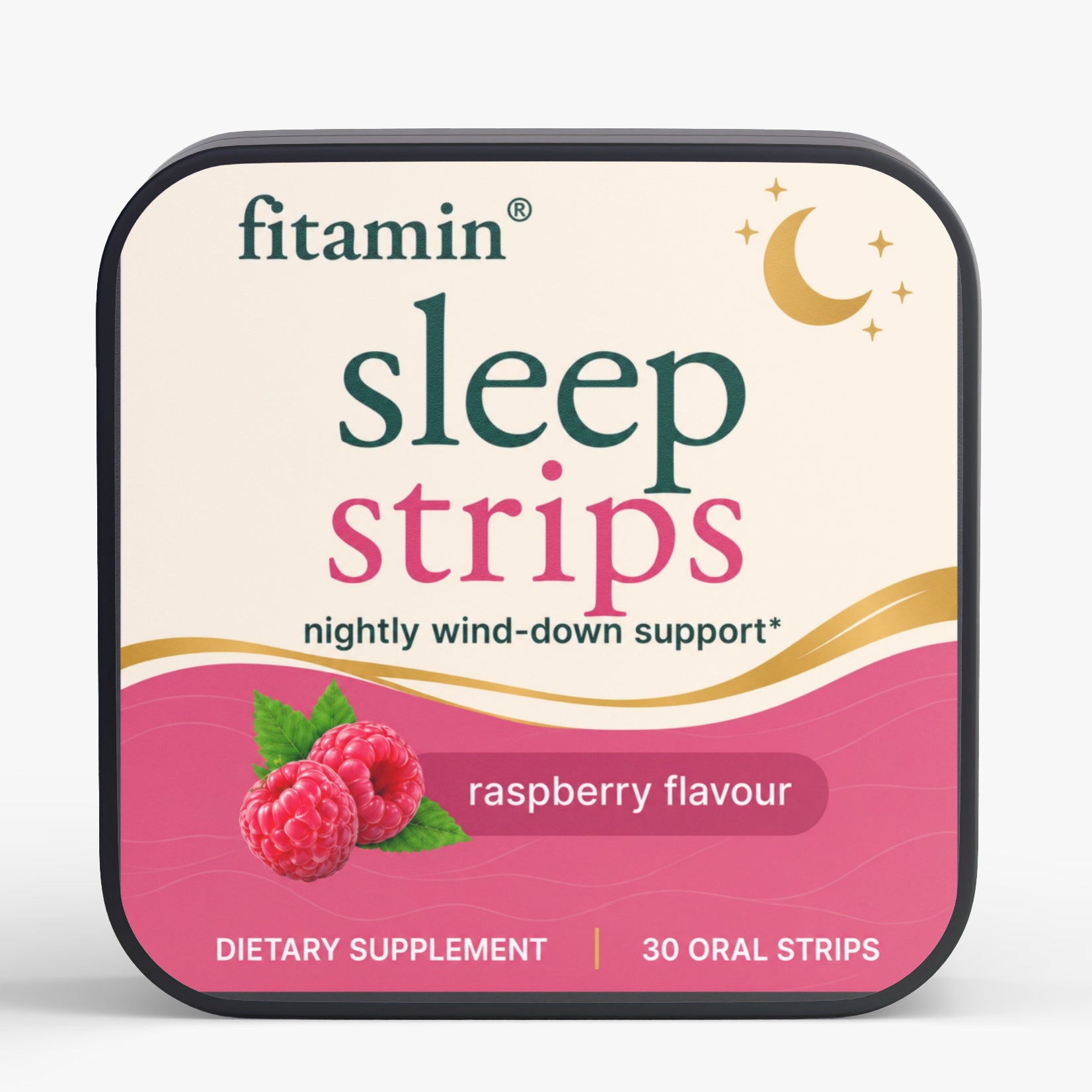 A square tin of fitamin Sleep Strips dietary supplement in raspberry flavour, shown on a clean white background.