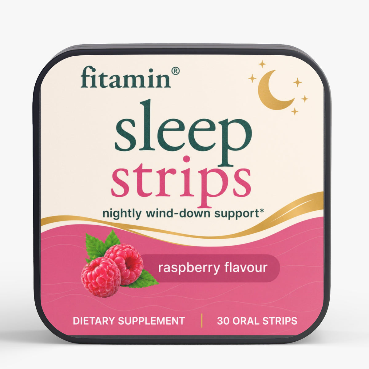 A square tin of fitamin Sleep Strips dietary supplement in raspberry flavour, shown on a clean white background.