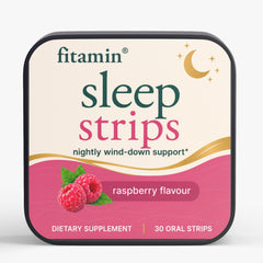 A square tin of fitamin Sleep Strips dietary supplement in raspberry flavour, shown on a clean white background.
