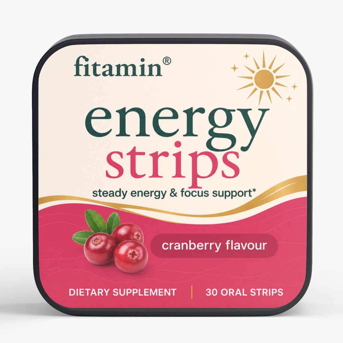 A square tin of fitamin Energy Strips cranberry flavour dietary supplement, featuring a cream and pink label with a sun graphic and cranberry illustration, on a light gray background.